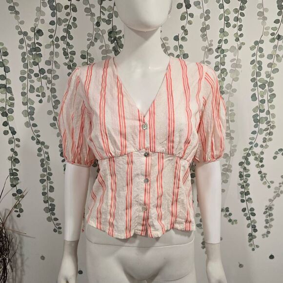The Good Jane Striped Button Front Peplum Top Puff Sleeve NWOT Size Small (Measu - Picture 3 of 9